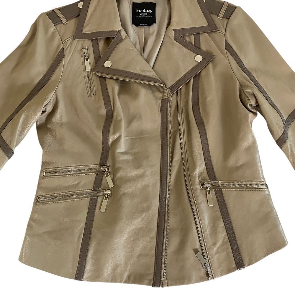 Bebe retro Leather jacket beige /taupe lots of details - Picture 3 of 16